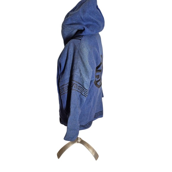 The Daily Planet Vintage 100% Wool Coat Embroidered Hooded Jacket Blue black L - Picture 2 of 10